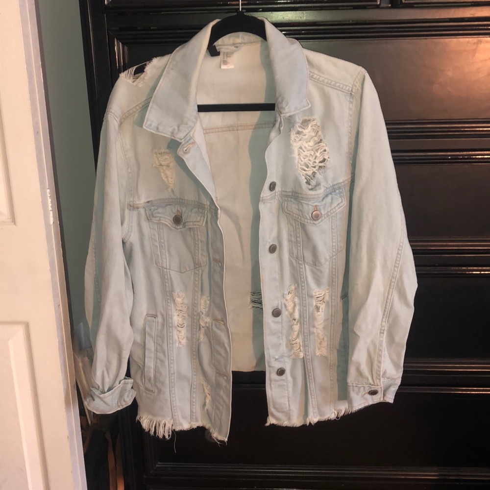 Light wash denim distressed jacket